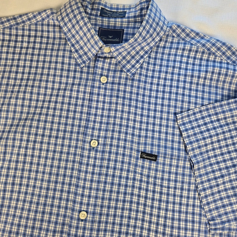 Faconnable Mens Blue White Gingham Plaid Cotton Short Sleeve Button Up Shirt L